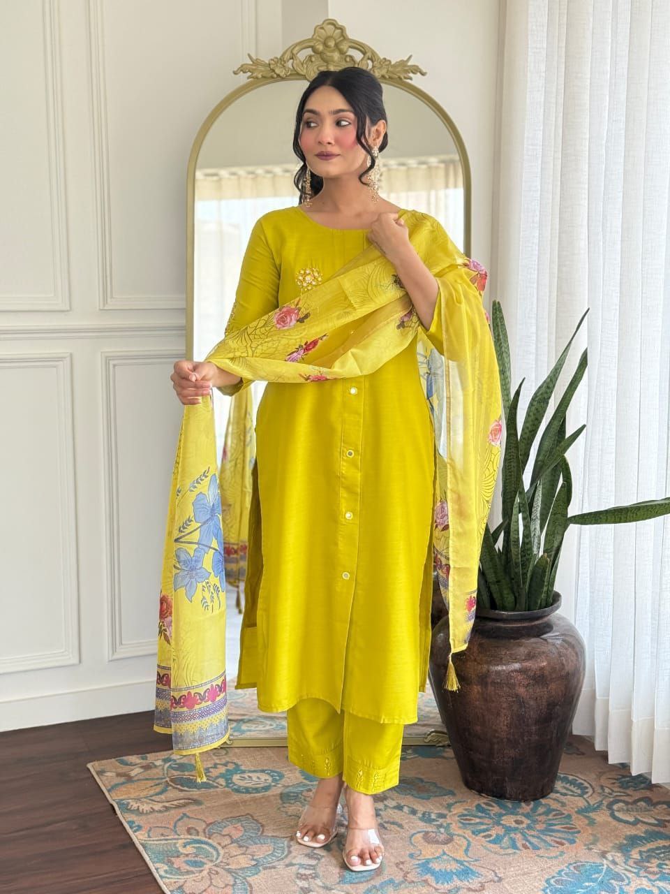 ROYAL YELLOW ROMAN SILK WITH HAND WORK KURTI SET
