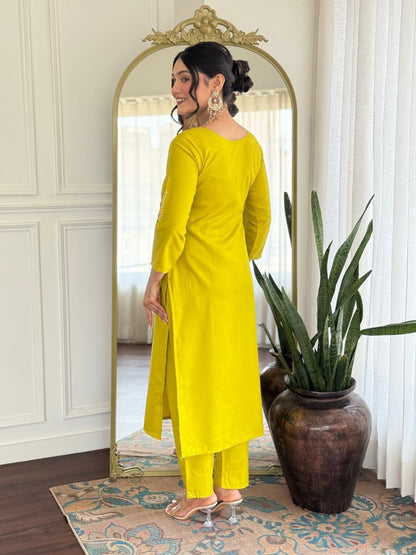 ROYAL YELLOW ROMAN SILK WITH HAND WORK KURTI SET