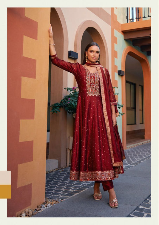 Red Kurti in Embroidery Work And Hand Work On Vicitra Silk.