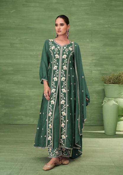 Green Kurtie with Pant & Dupatta in Blooming Jorjat With Work .