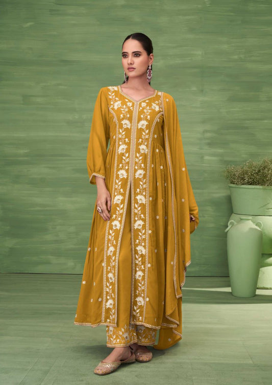 Yellow Kurtie with Pant & Dupatta in Blooming Jorjat With Work .