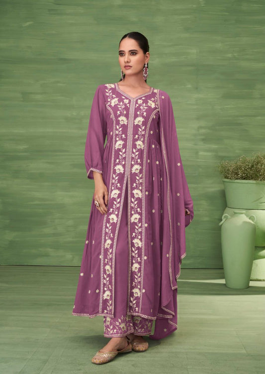 purple Kurtie with Pant & Dupatta in Blooming Jorjat With Work .