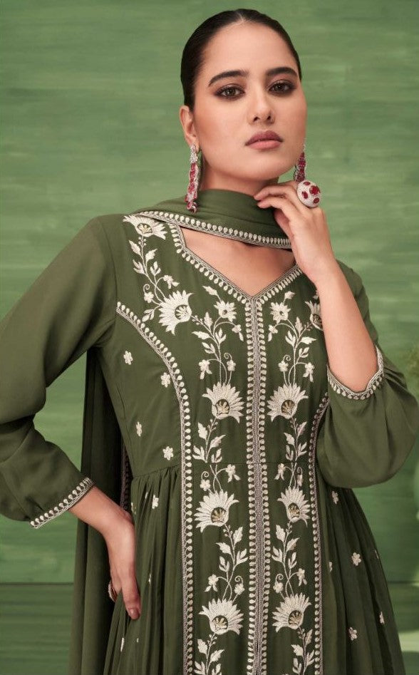 Dark Green Kurtie with Pant & Dupatta in Blooming Jorjat With Work .