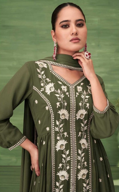 Dark Green Kurtie with Pant & Dupatta in Blooming Jorjat With Work .
