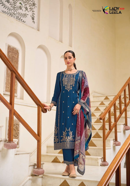 Blue Color  Pure Viscose Self Jacquard Kurti with Handwork & Inner.