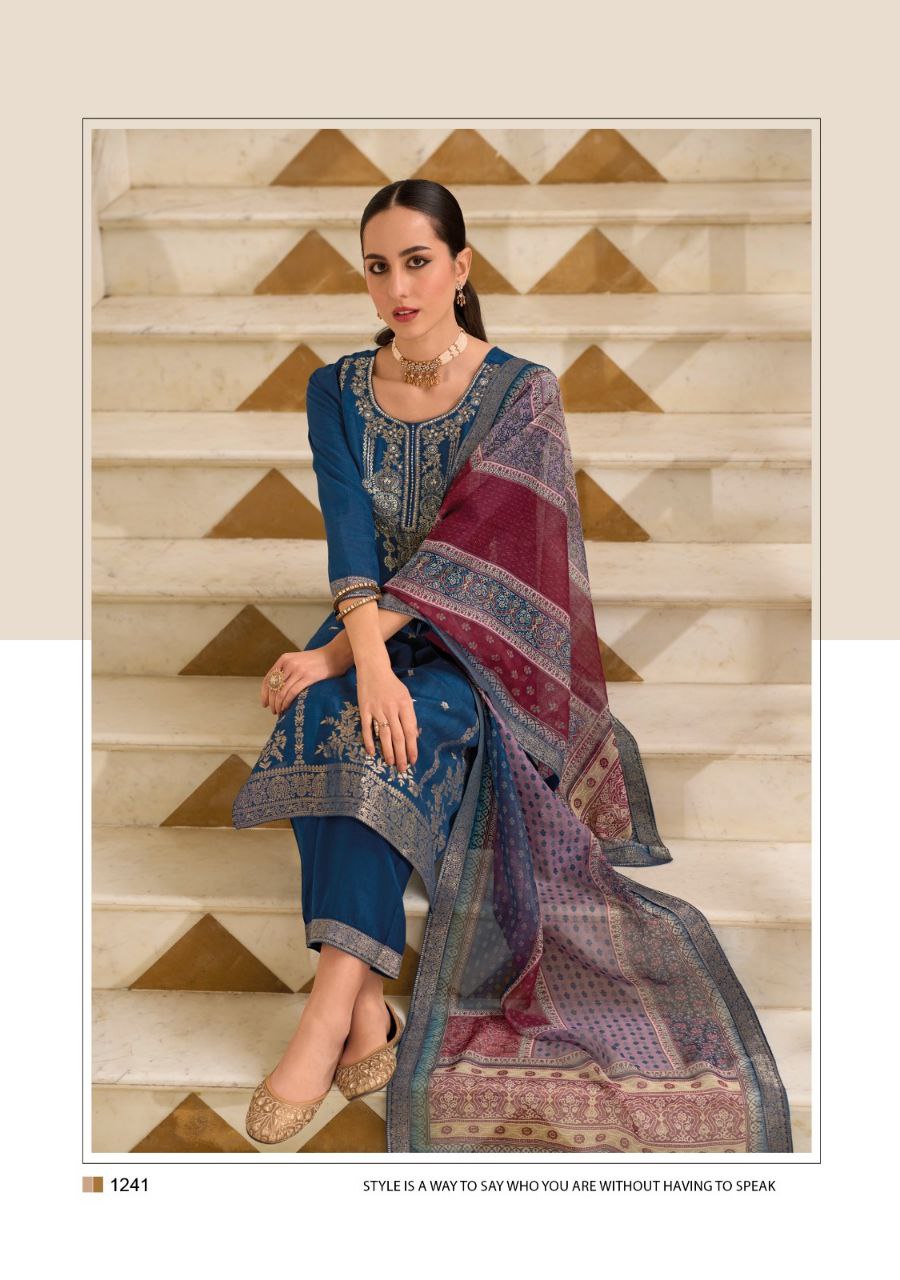 Blue Color  Pure Viscose Self Jacquard Kurti with Handwork & Inner.