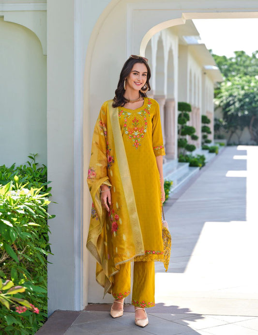 Yellow Kurti in Embroidery Work And Jacquard Viscouse Silk.