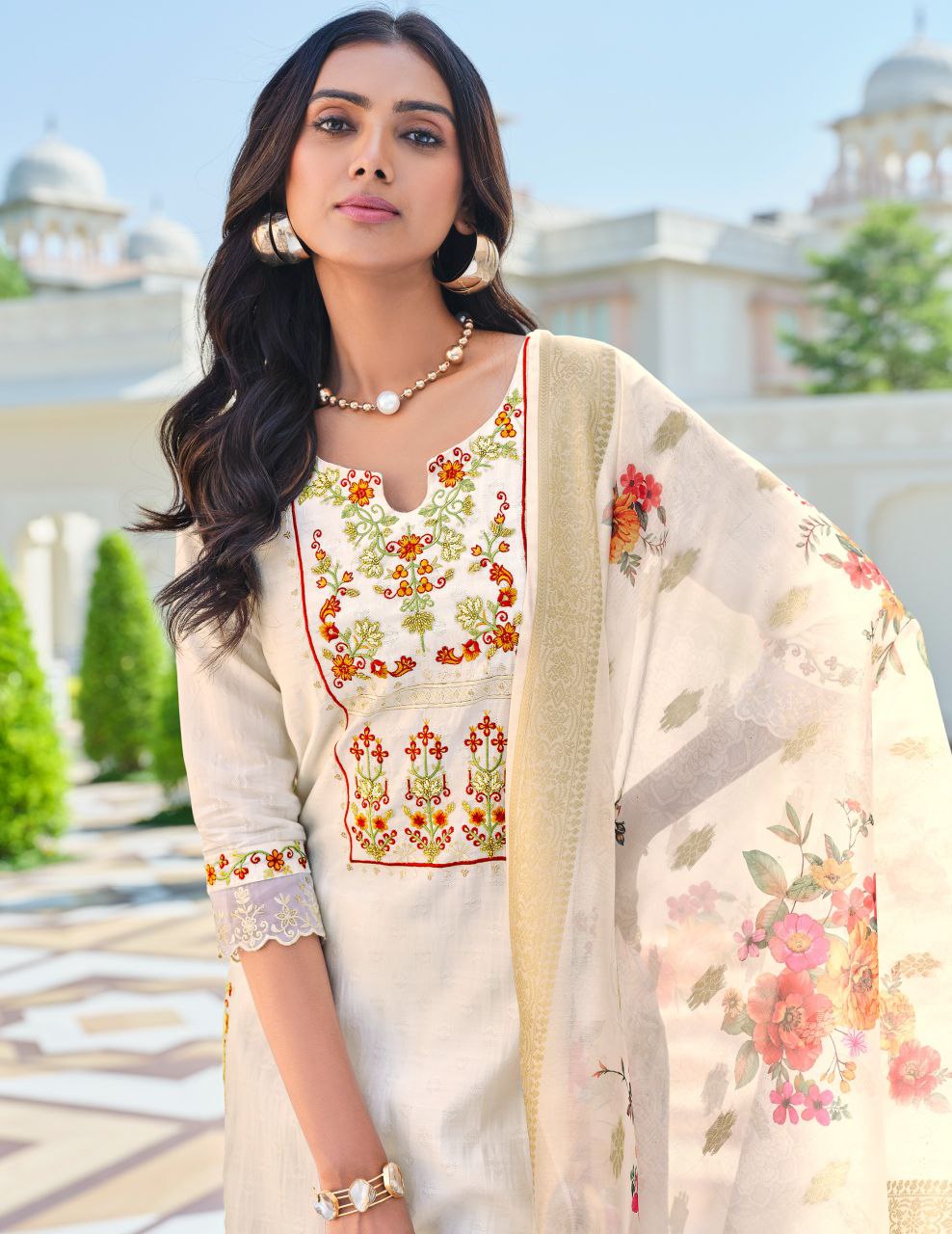 White Kurti in Embroidery Work And Jacquard Viscouse Silk.