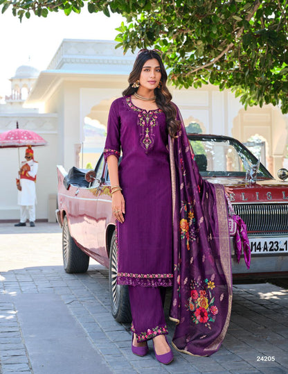 Purple Kurti in Embroidery Work And Jacquard Viscouse Silk.