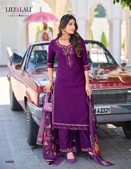 Purple Kurti in Embroidery Work And Jacquard Viscouse Silk.