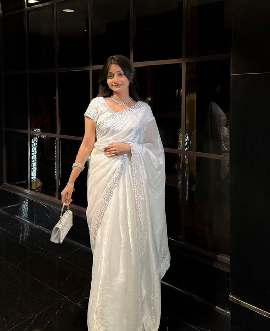 Trending White Soft Chinon Silk Daimond Work Lace Border Saree