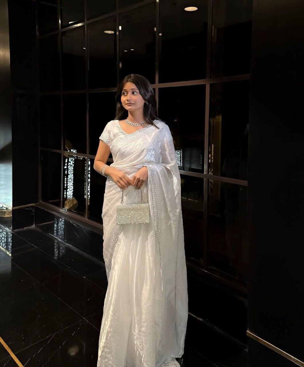 Trending White Soft Chinon Silk Daimond Work Lace Border Saree