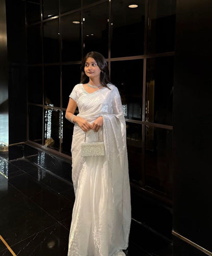 Trending White Soft Chinon Silk Daimond Work Lace Border Saree