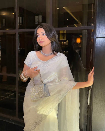 Trending White Soft Chinon Silk Daimond Work Lace Border Saree