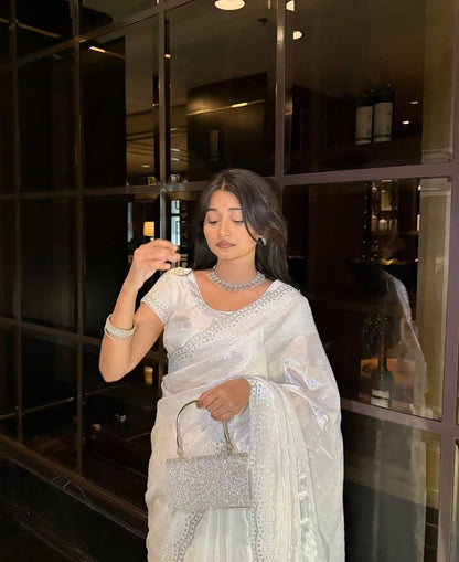 Trending White Soft Chinon Silk Daimond Work Lace Border Saree