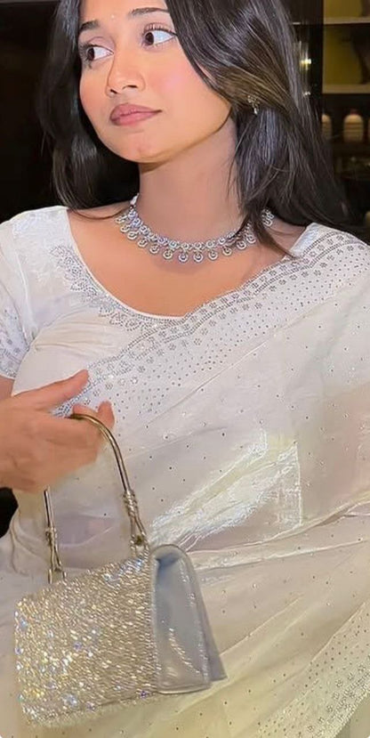 Trending White Soft Chinon Silk Daimond Work Lace Border Saree