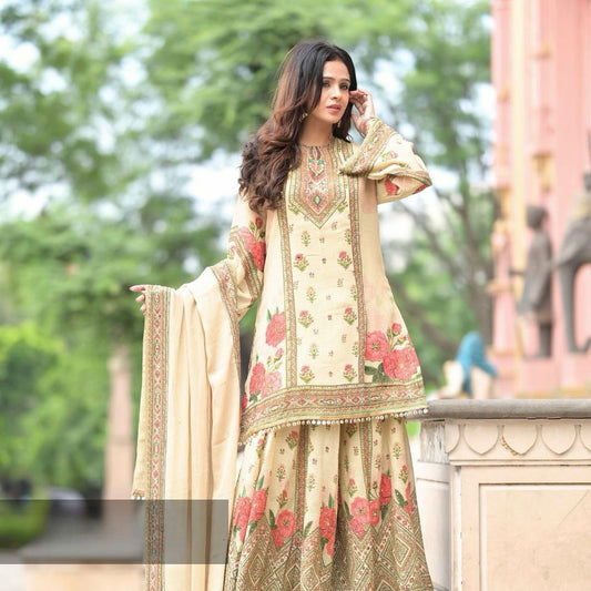 Royal Cream Chinon Silk Digital Print Sharara Suit