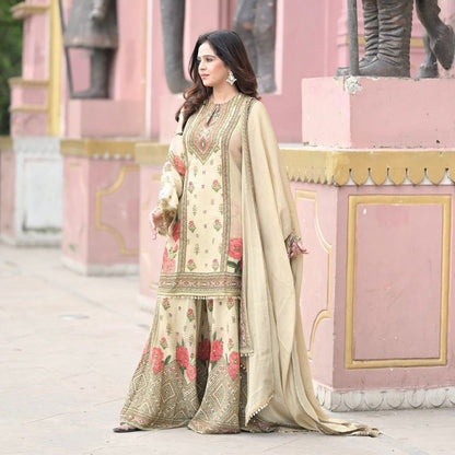 Royal Cream Chinon Silk Digital Print Sharara Suit