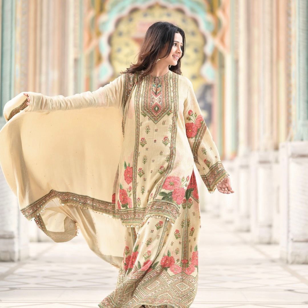 Royal Cream Chinon Silk Digital Print Sharara Suit