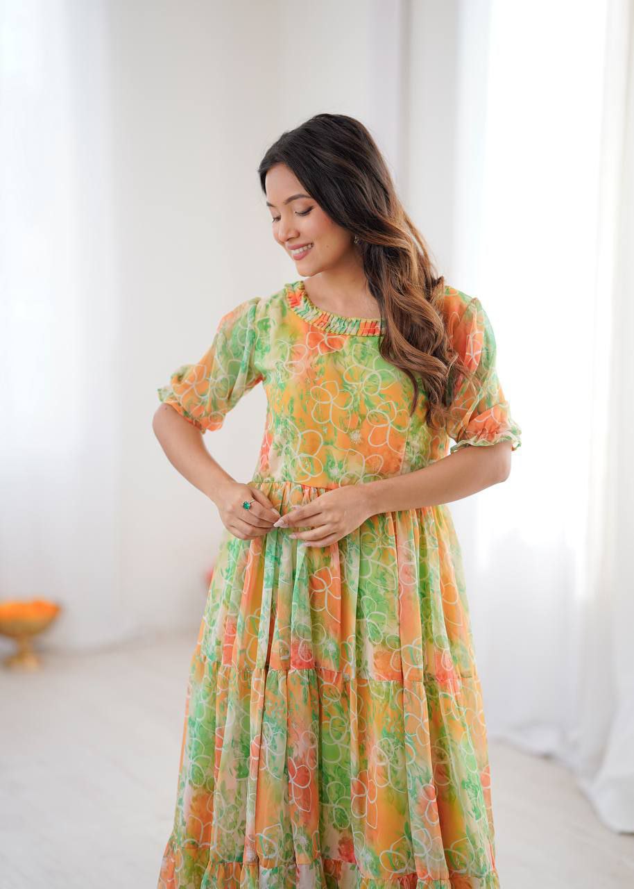 Elagance Yellow pure Georgette And Digital print Gown