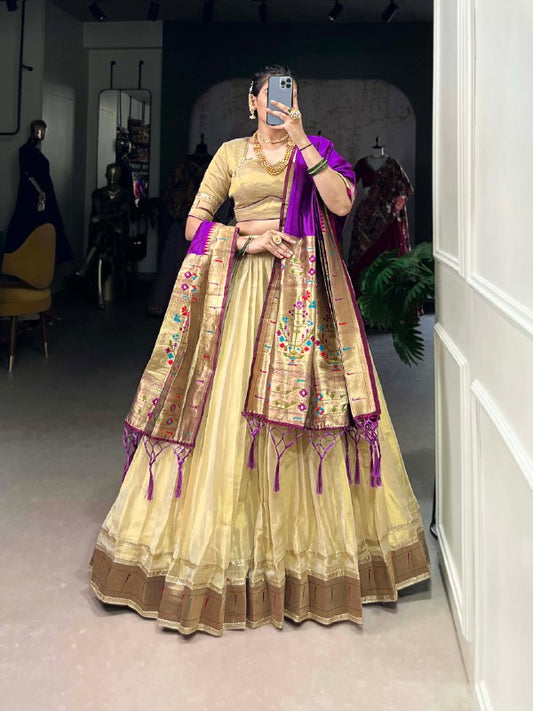 Cream Ethnic Lehenga – Classic Paithani Border on Erode Fabric