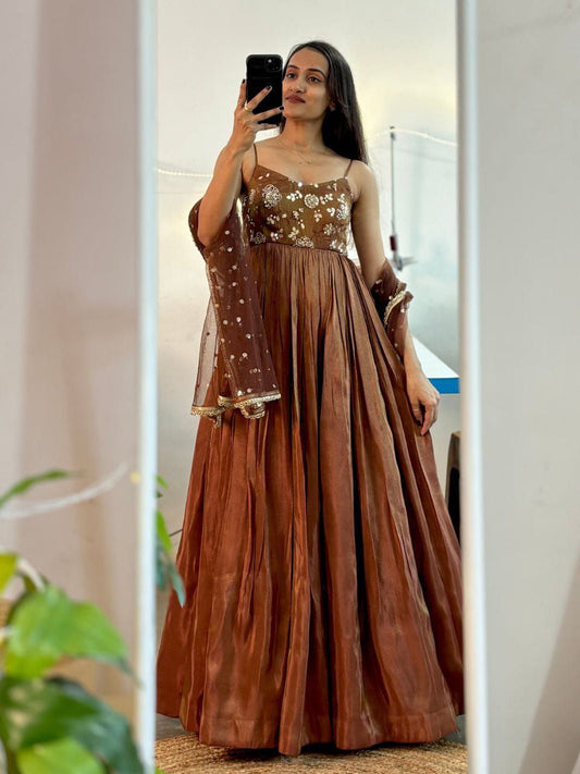 Golden brown tissue long Anarkali with Duppatta