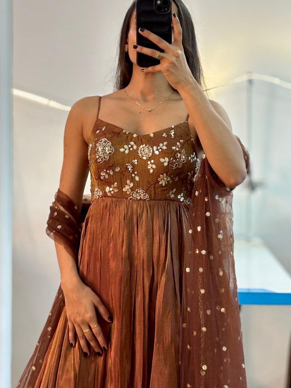 Golden brown tissue long Anarkali with Duppatta