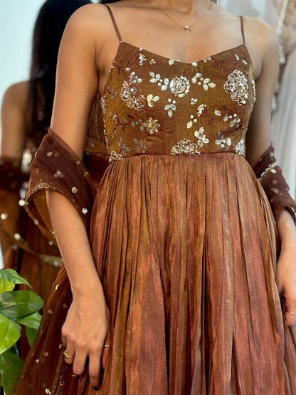 Golden brown tissue long Anarkali with Duppatta