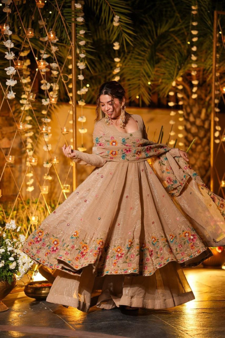 Light Golden Luminous Silken Anarkali Suit Set