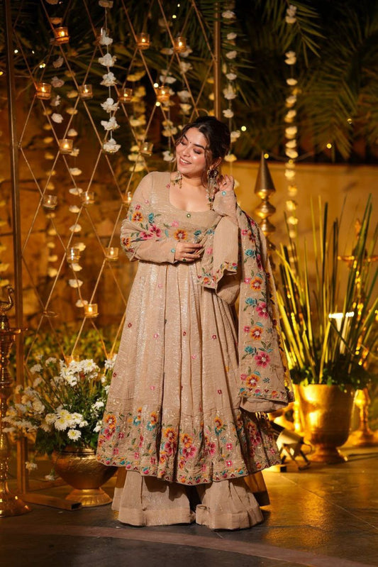Light Golden Luminous Silken Anarkali Suit Set