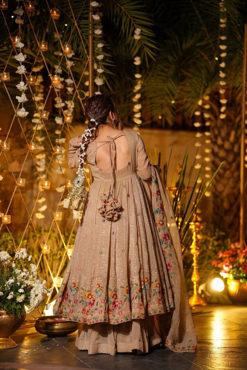 Light Golden Luminous Silken Anarkali Suit Set