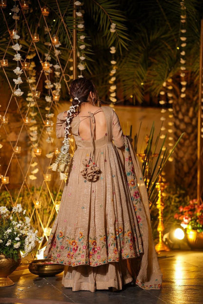 Light Golden Luminous Silken Anarkali Suit Set