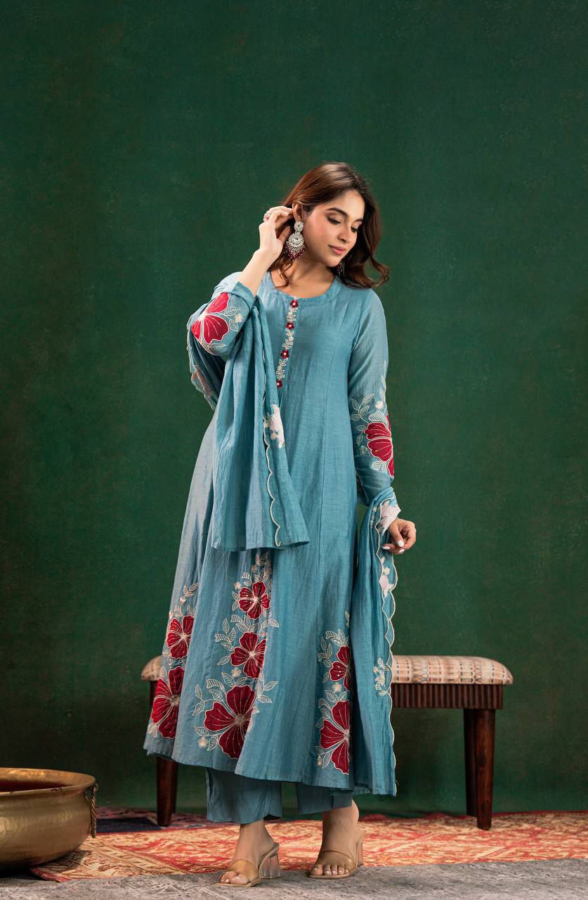 Teal Blue Floral Embroidered Cotton Kurta Set with Dupatta