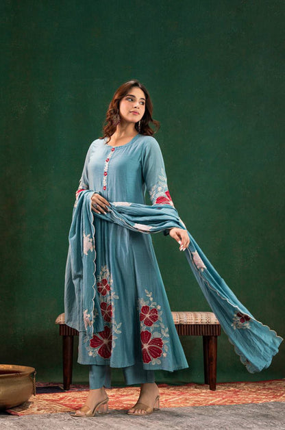 Teal Blue Floral Embroidered Cotton Kurta Set with Dupatta