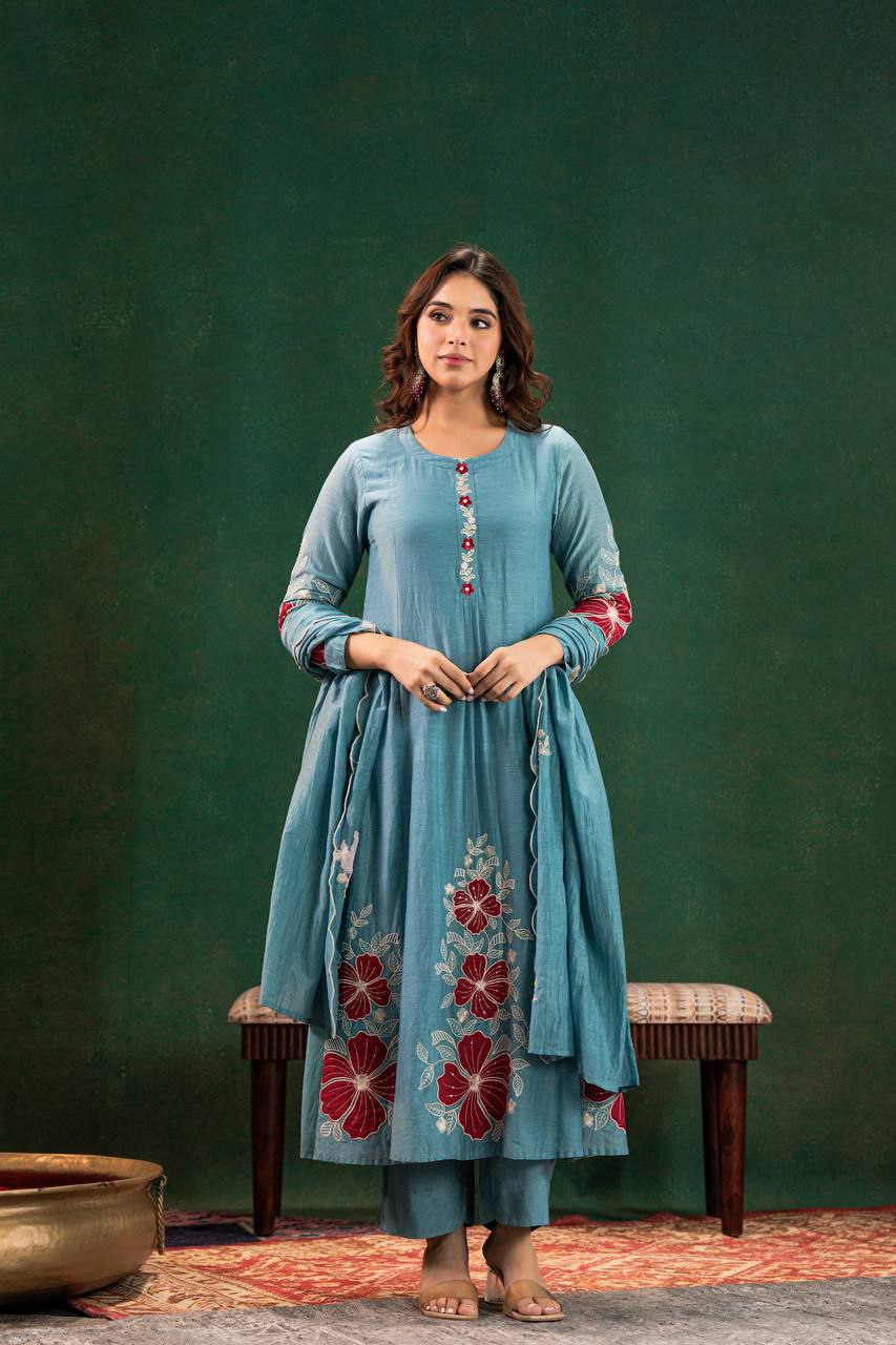Teal Blue Floral Embroidered Cotton Kurta Set with Dupatta