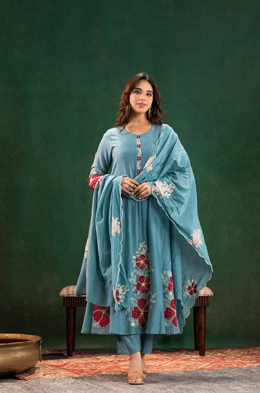Teal Blue Floral Embroidered Cotton Kurta Set with Dupatta