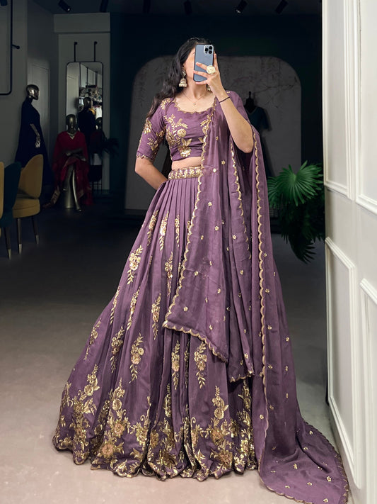 Lavender Sequins Thread Embroidery Lehenga Choli with Dupatta