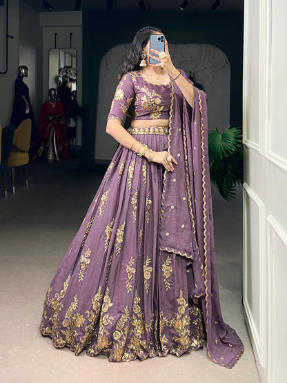 Lavender Sequins Thread Embroidery Lehenga Choli with Dupatta