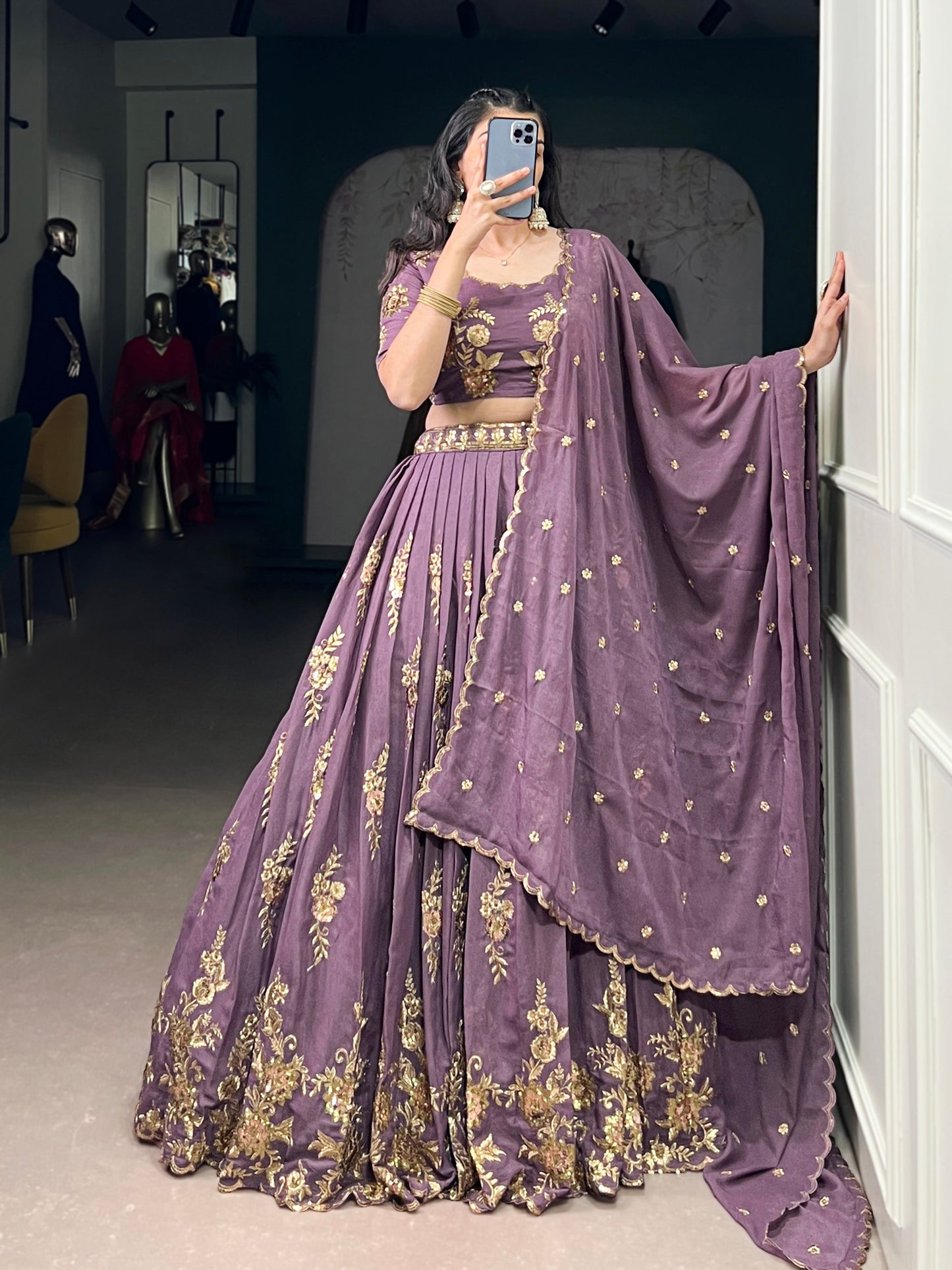 Lavender Sequins Thread Embroidery Lehenga Choli with Dupatta
