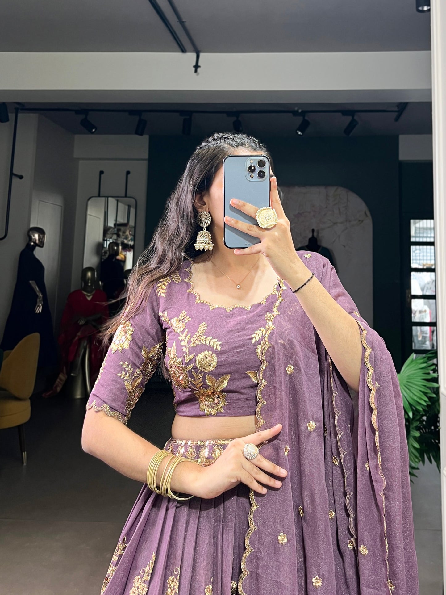 Lavender Sequins Thread Embroidery Lehenga Choli with Dupatta
