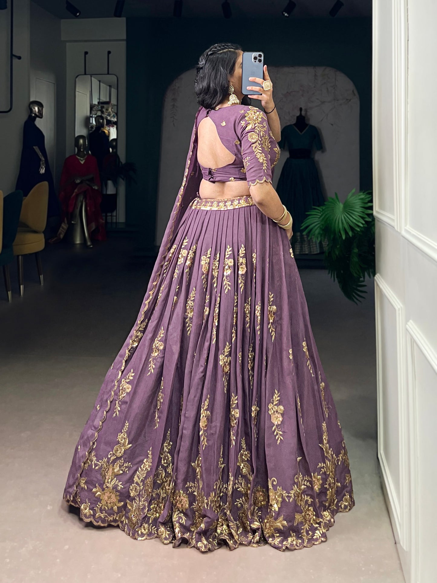 Lavender Sequins Thread Embroidery Lehenga Choli with Dupatta