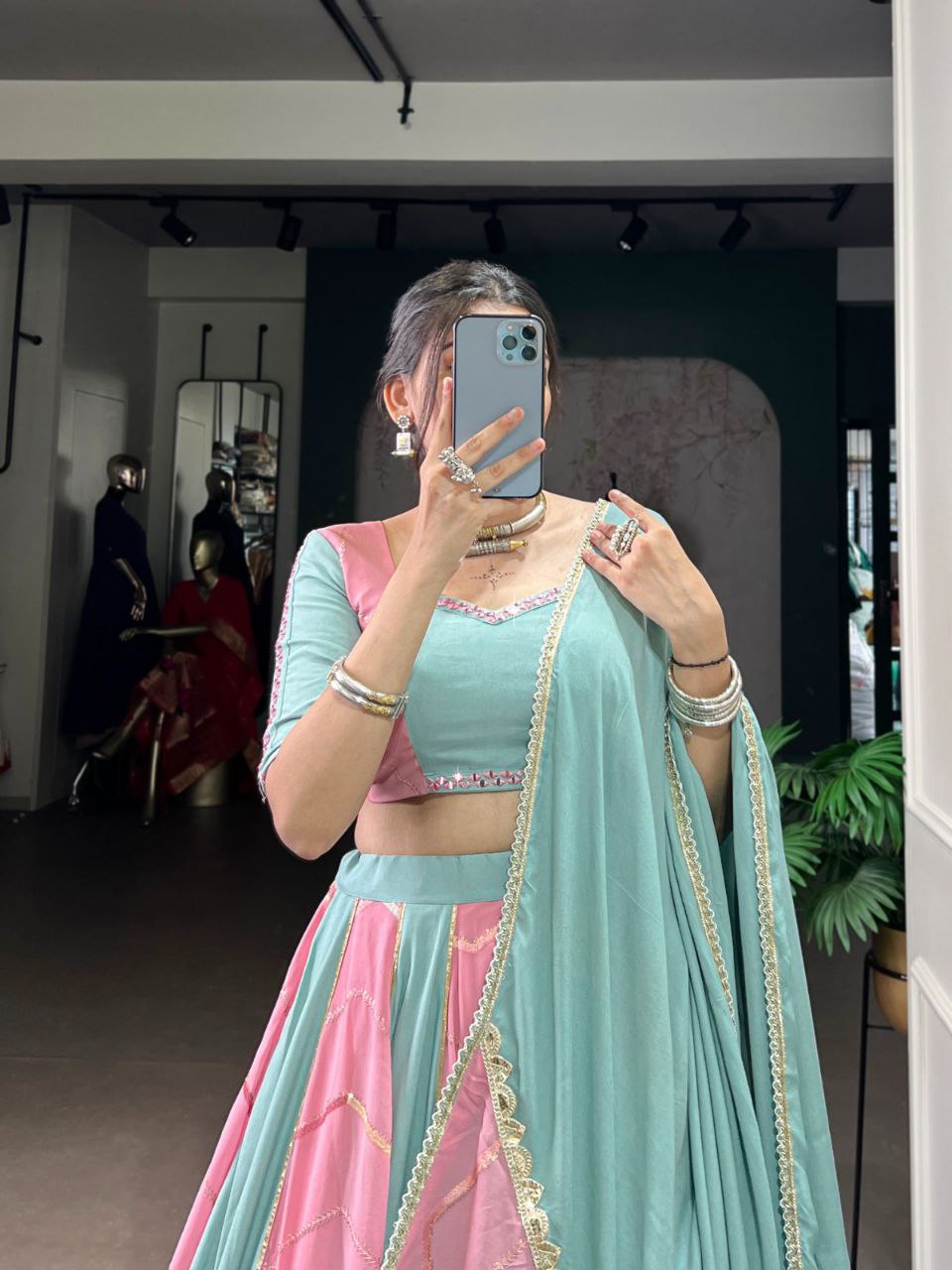 Pastel elegance meets festive tradition – this rayon with georgette chaniya choli