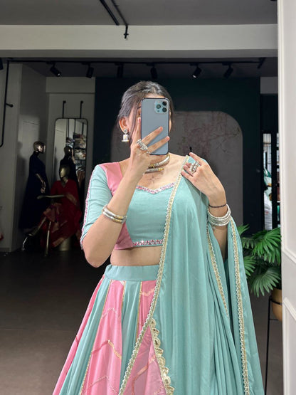 Pastel elegance meets festive tradition – this rayon with georgette chaniya choli