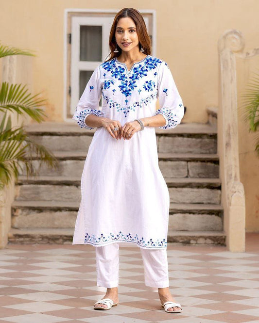 ROYAL WHITE FESTIVE AARI WORK KURTA PANT SET