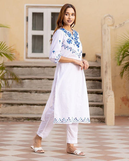 ROYAL WHITE FESTIVE AARI WORK KURTA PANT SET