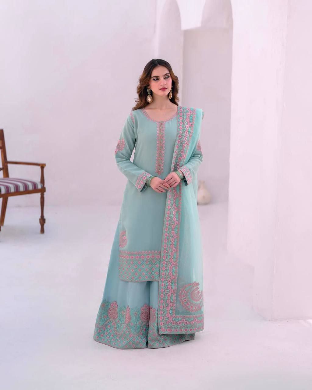 ROYAL SKY-BLUE HEAVY EMBROIDERED WORK WITH FANCY TOP-PLAZZO AND DUPATTA SET*