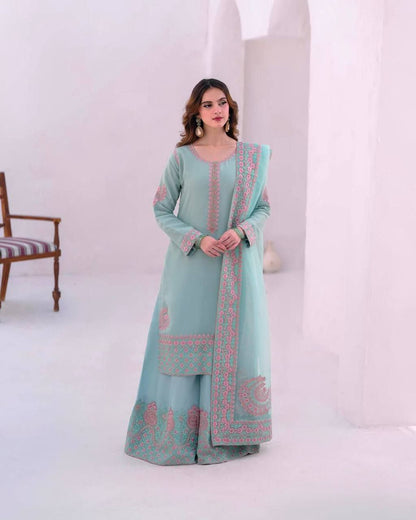 ROYAL SKY-BLUE HEAVY EMBROIDERED WORK WITH FANCY TOP-PLAZZO AND DUPATTA SET*