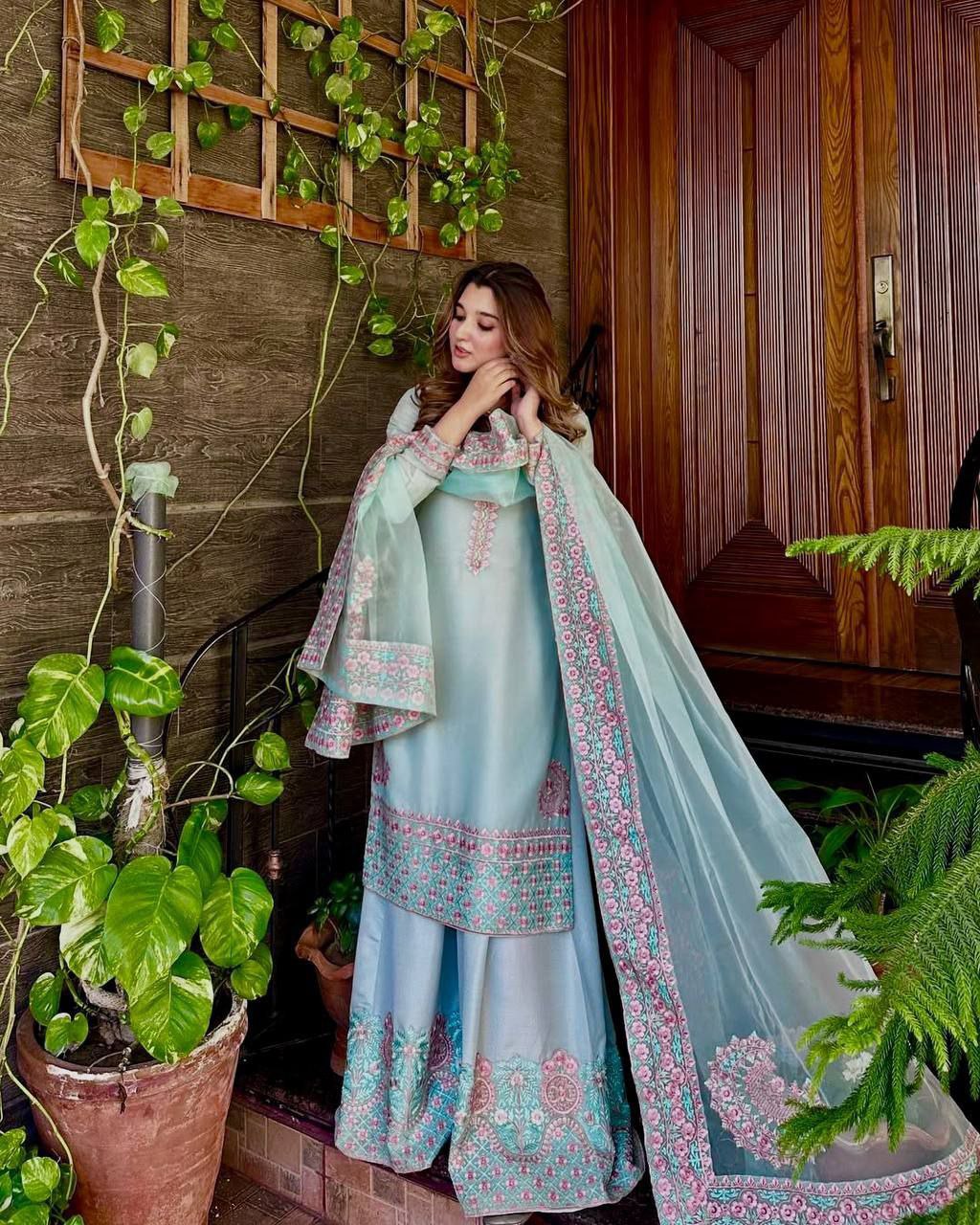 ROYAL SKY-BLUE HEAVY EMBROIDERED WORK WITH FANCY TOP-PLAZZO AND DUPATTA SET*