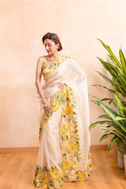 elegance beige -Khadi Organza With Beautiful Flowers Design