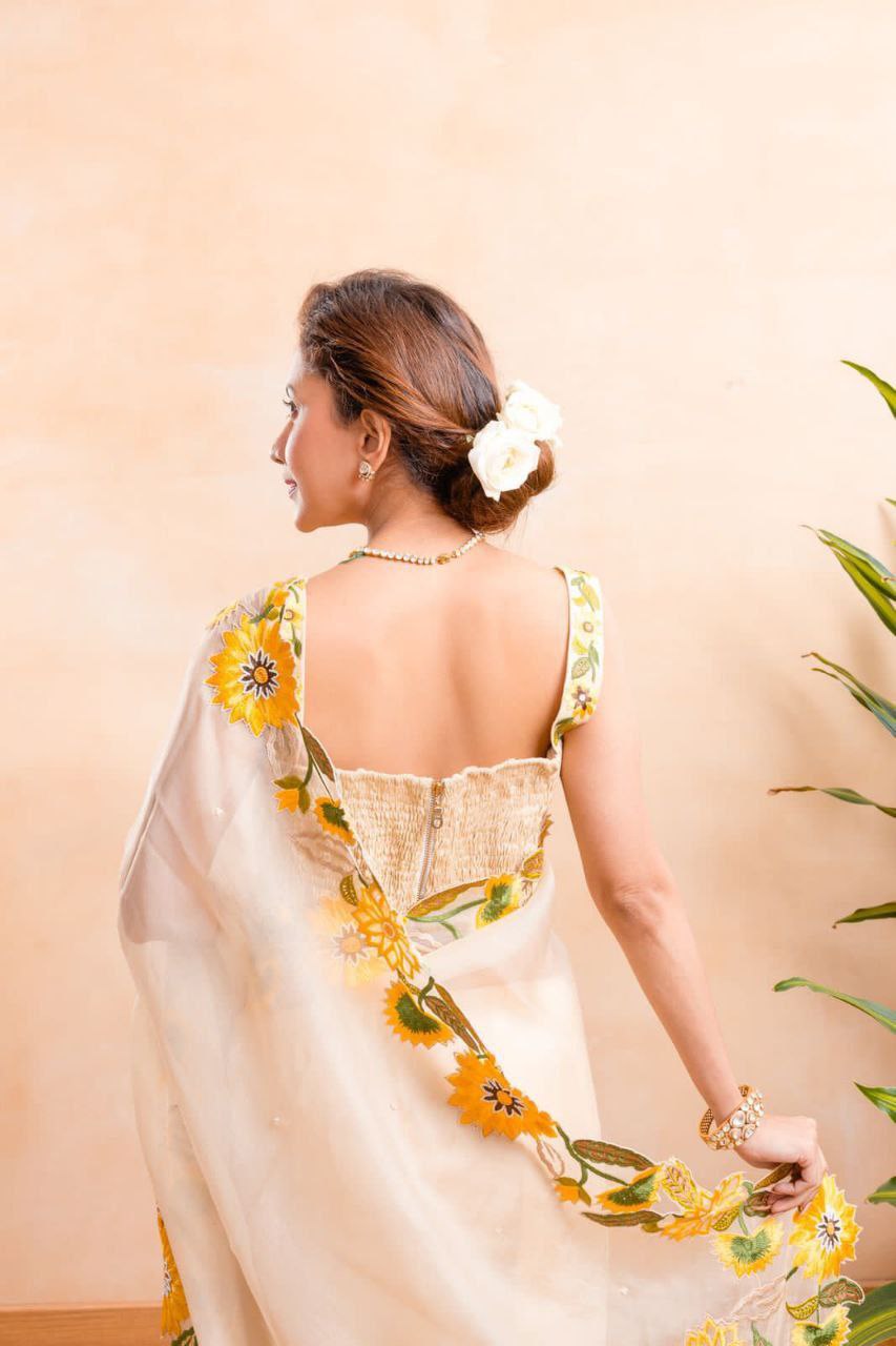 elegance beige -Khadi Organza With Beautiful Flowers Design